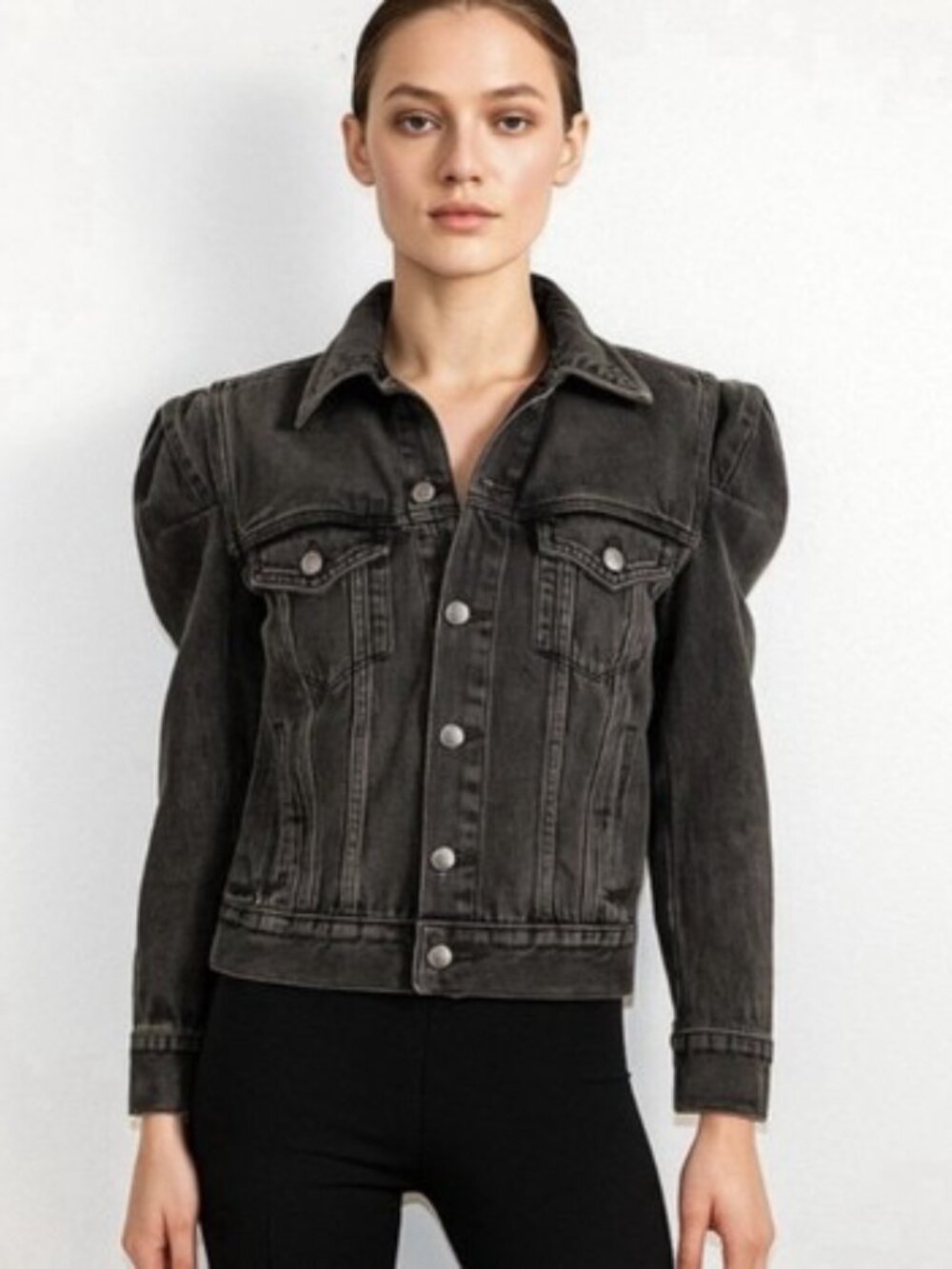 FRAME Rosette Sleeve Denim Jacket Washed Black